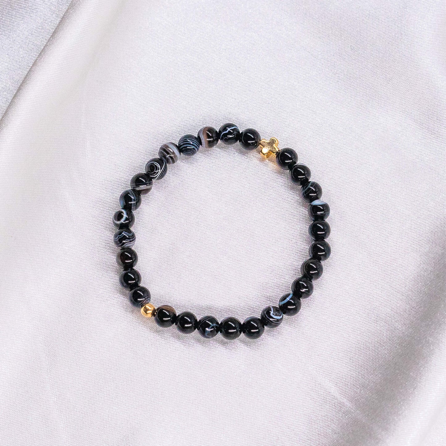 Mens Black Beaded Bracelet w/ Cross Center
