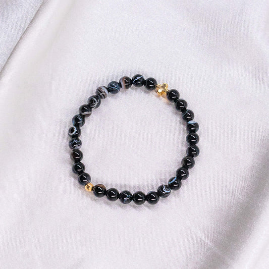 Mens Black Beaded Bracelet w/ Cross Center