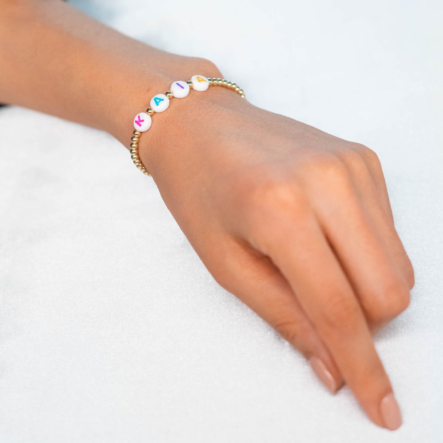 Custom 14K Gold Filled Bracelet w/ White Round Beads & Colored Letters