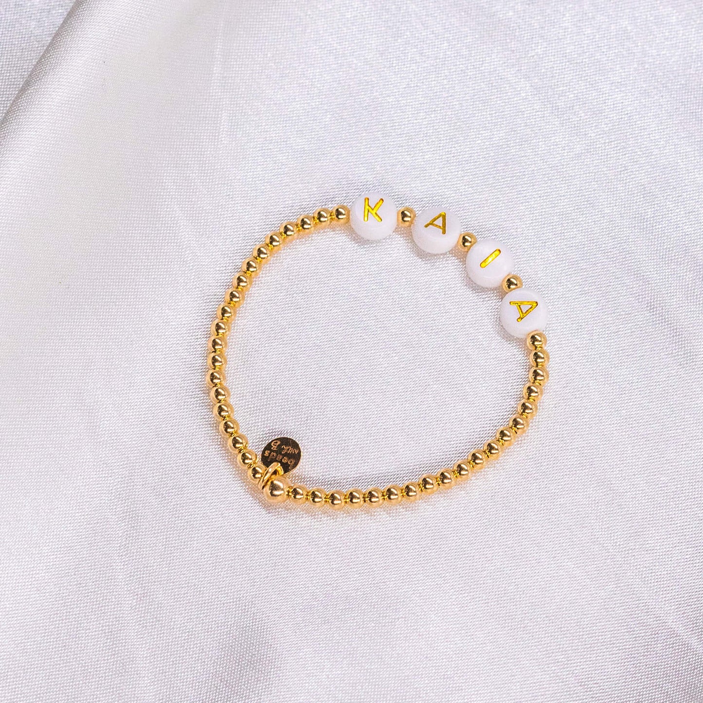 Custom 14K Gold Filled Bracelet w/ White Round Beads & Gold Letters