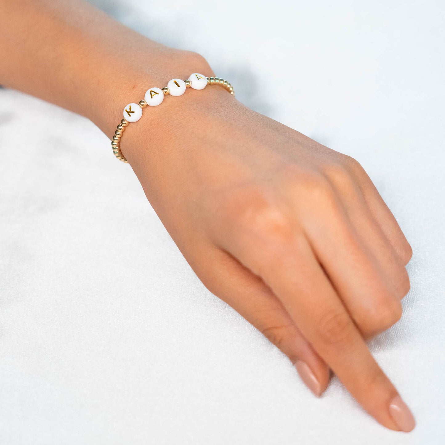 Custom 14K Gold Filled Bracelet w/ White Round Beads & Gold Letters