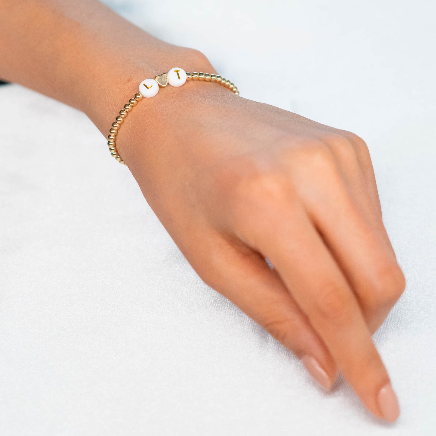 Custom 14K Gold Filled Bracelet w/ White Round Letters & Heart Center