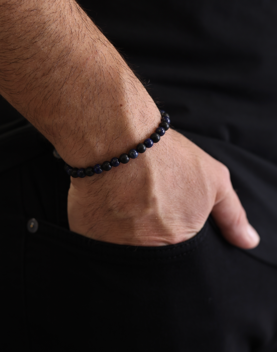 Mens Matte Black with Midnight Blue Beaded Bracelet