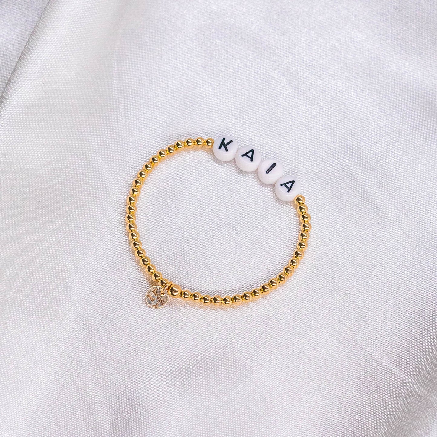 Custom 14K Gold Filled Bracelet with White Round Beads & Black Letters