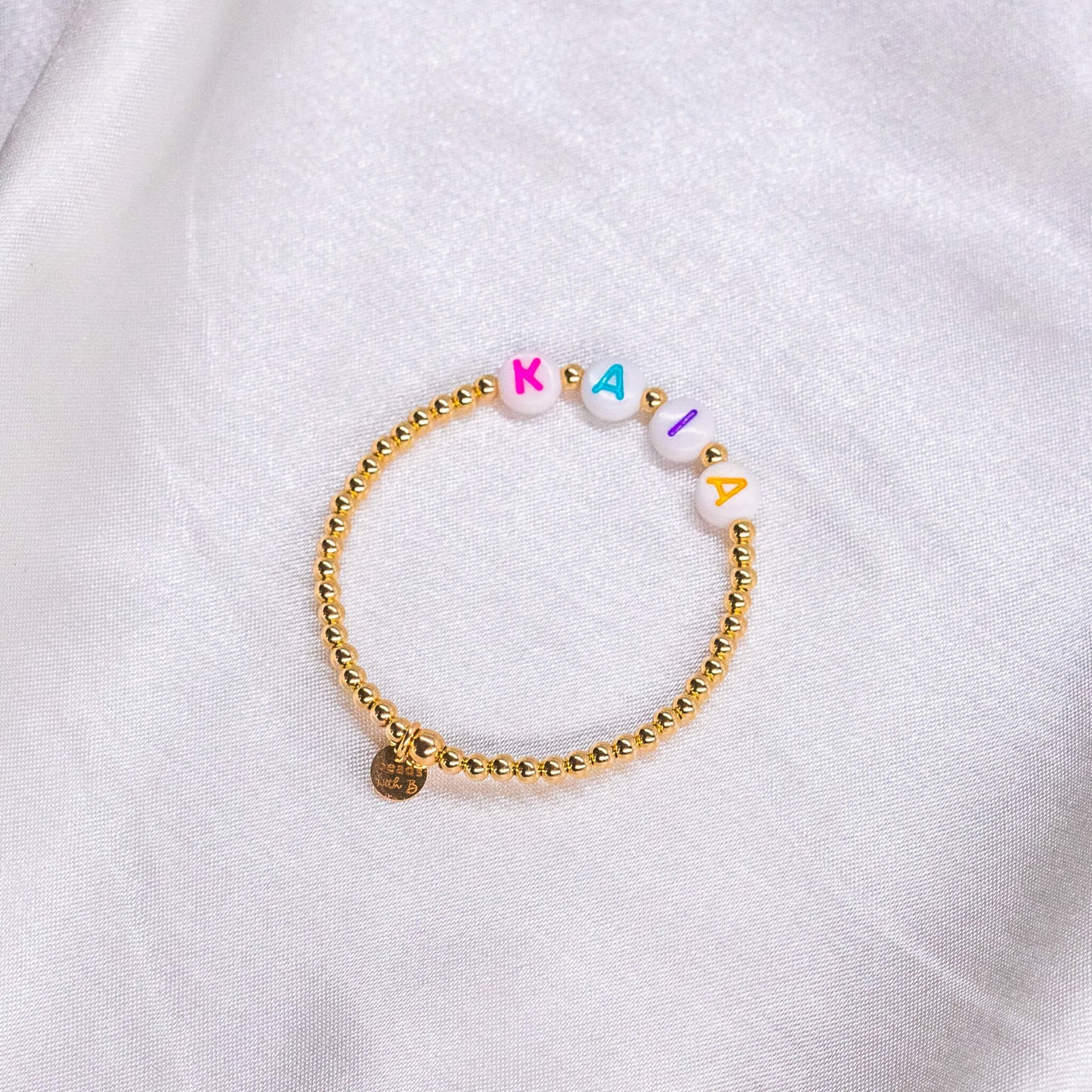 Custom 14K Gold Filled Bracelet w/ White Round Beads & Colored Letters