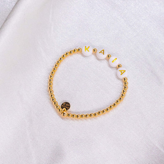 Custom 14K Gold Filled Bracelet w/ White Round Beads & Gold Letters